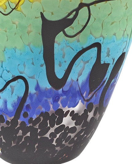 8" Red Orange Blue And Black Blue Abstract Oval Murano Glass Table Vase