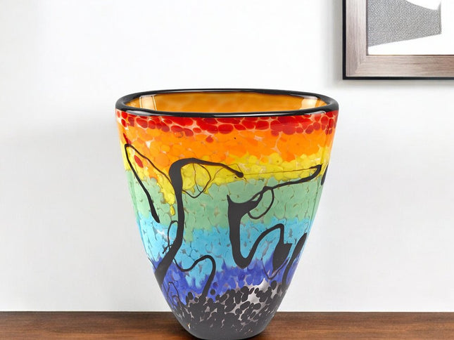 8" Red Orange Blue And Black Blue Abstract Oval Murano Glass Table Vase