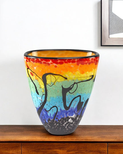 8" Red Orange Blue And Black Blue Abstract Oval Murano Glass Table Vase