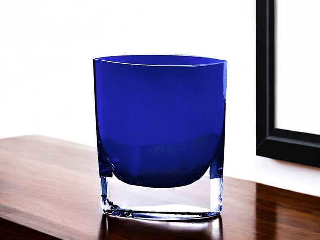 8" Cobalt And Clear Oval Lead Free Crystal Table Vase