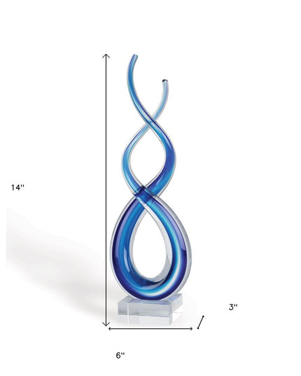 14" Clear and Blue Murano Glass Modern Abstract Tabletop Sculpture