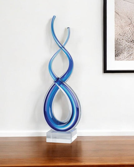 14" Clear and Blue Murano Glass Modern Abstract Tabletop Sculpture