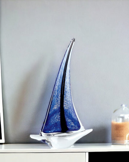 9" Clear and Blue Murano Glass Modern Abstract Tabletop Sculpture