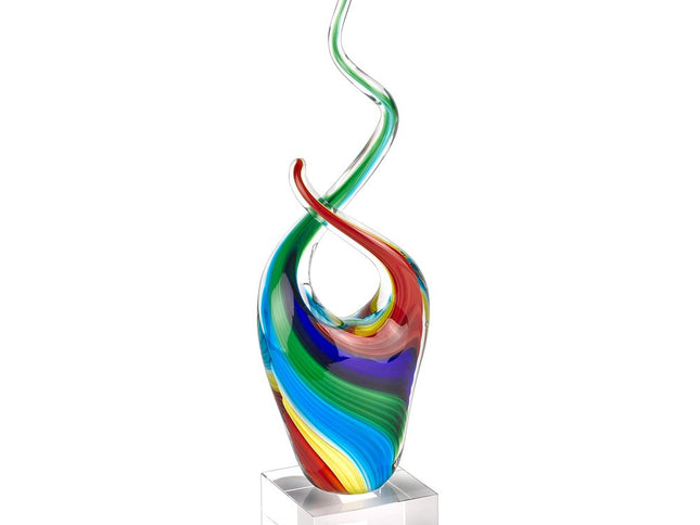 14" Clear Red Blue Yellow Murano Glass Modern Abstract Tabletop Sculpture