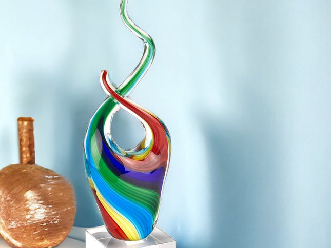 14" Clear Red Blue Yellow Murano Glass Modern Abstract Tabletop Sculpture
