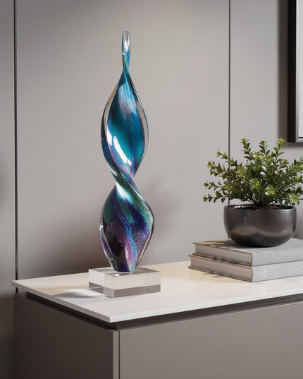 18" Blue and Green Murano Glass Modern Abstract Tabletop Sculpture