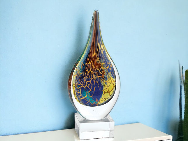 12" Blue and Yellow Murano Glass Modern Abstract Tabletop Sculpture