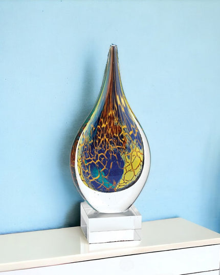 12" Blue and Yellow Murano Glass Modern Abstract Tabletop Sculpture
