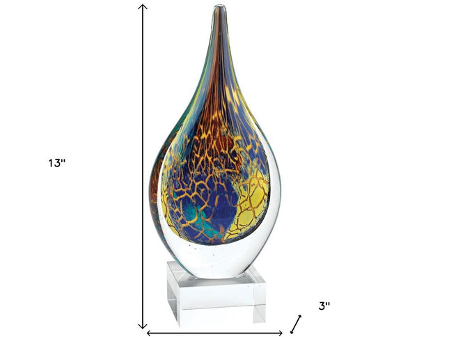 13" Blue and Yellow Murano Glass Modern Abstract Tabletop Sculpture