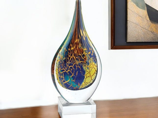 13" Blue and Yellow Murano Glass Modern Abstract Tabletop Sculpture