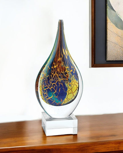 13" Blue and Yellow Murano Glass Modern Abstract Tabletop Sculpture
