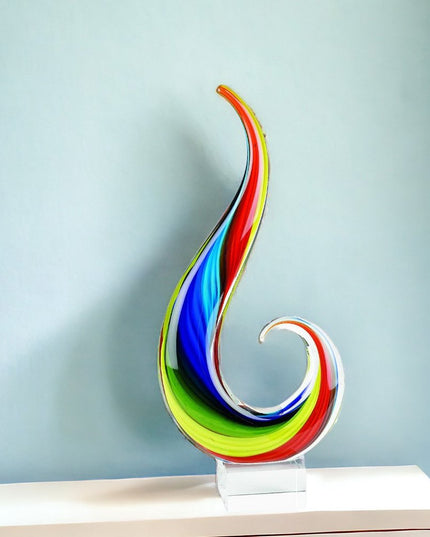 12" Clear Red Blue Yellow Murano Glass Modern Abstract Tabletop Sculpture