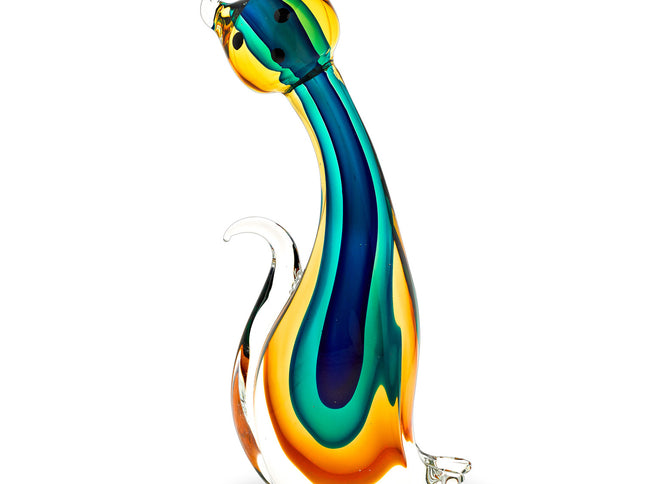 12" Clear Yellow Green Black Murano Glass Cat Figurine Tabletop Sculpture
