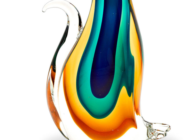 12" Clear Yellow Green Black Murano Glass Cat Figurine Tabletop Sculpture