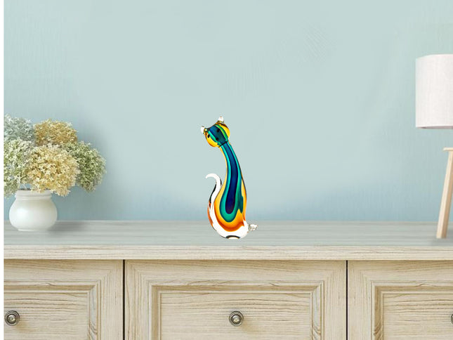 12" Clear Yellow Green Black Murano Glass Cat Figurine Tabletop Sculpture