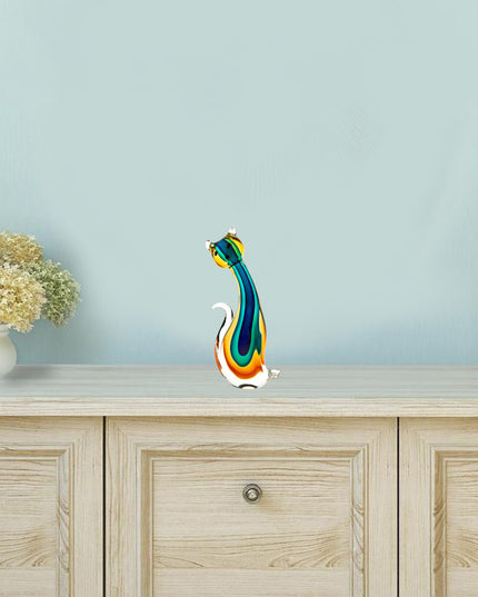 12" Clear Yellow Green Black Murano Glass Cat Figurine Tabletop Sculpture