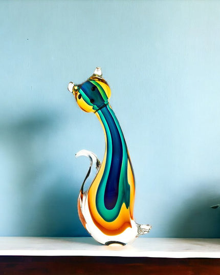 12" Clear Yellow Green Black Murano Glass Cat Figurine Tabletop Sculpture