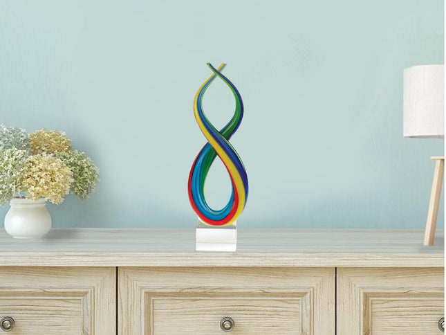 16" Clear Red Blue Yellow Murano Glass Modern Abstract Tabletop Sculpture