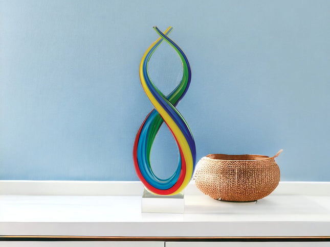 16" Clear Red Blue Yellow Murano Glass Modern Abstract Tabletop Sculpture