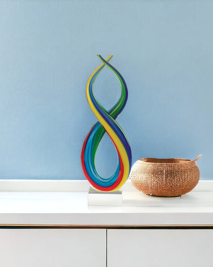 16" Clear Red Blue Yellow Murano Glass Modern Abstract Tabletop Sculpture