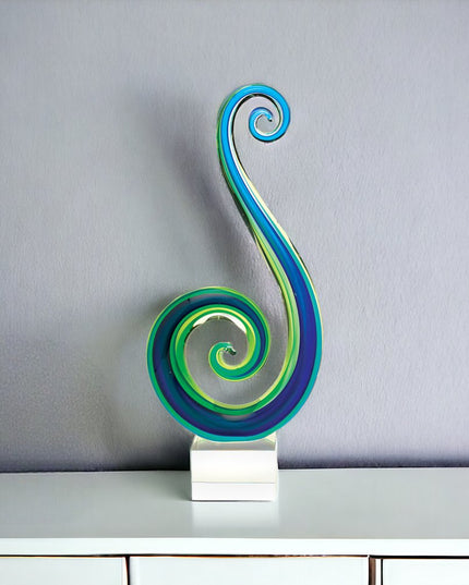 16" Blue and Green Murano Glass Modern Abstract Tabletop Sculpture