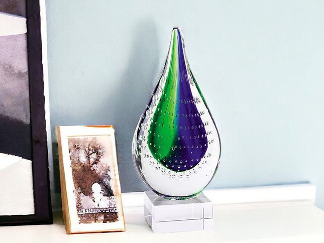 9" Clear Blue and Green Murano Glass Modern Abstract Tabletop Sculpture