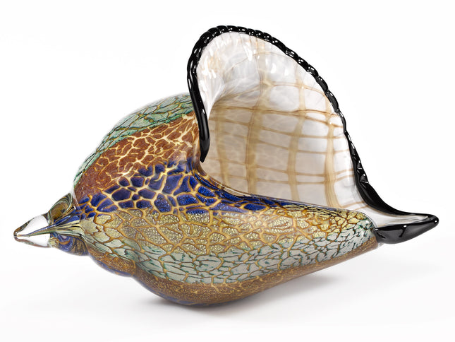 10" Gold Blue Green White Murano Glass Conch Shell Tabletop Sculpture