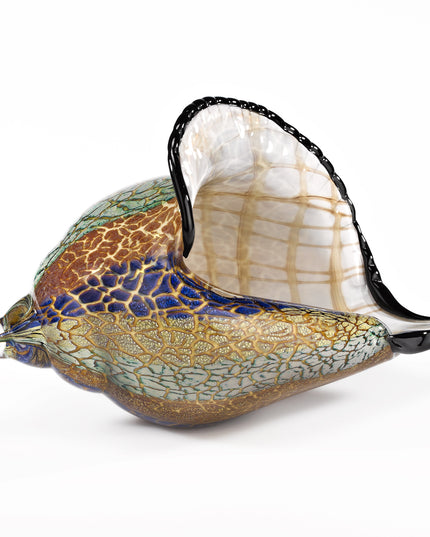 10" Gold Blue Green White Murano Glass Conch Shell Tabletop Sculpture