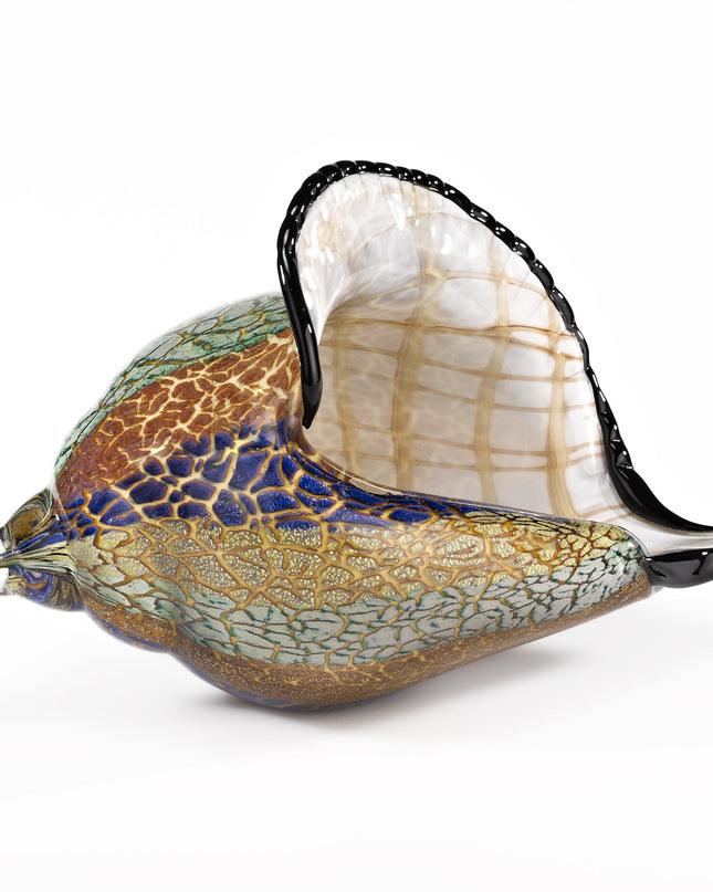 10" Gold Blue Green White Murano Glass Conch Shell Tabletop Sculpture