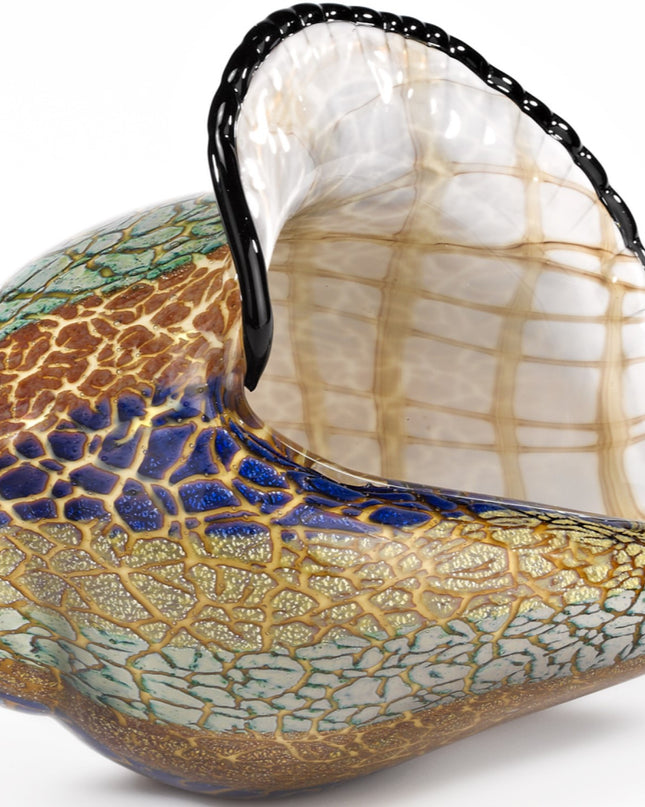 10" Gold Blue Green White Murano Glass Conch Shell Tabletop Sculpture