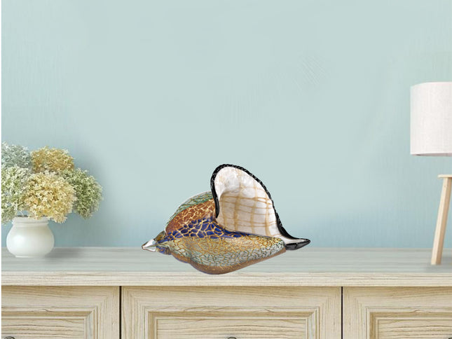 10" Gold Blue Green White Murano Glass Conch Shell Tabletop Sculpture