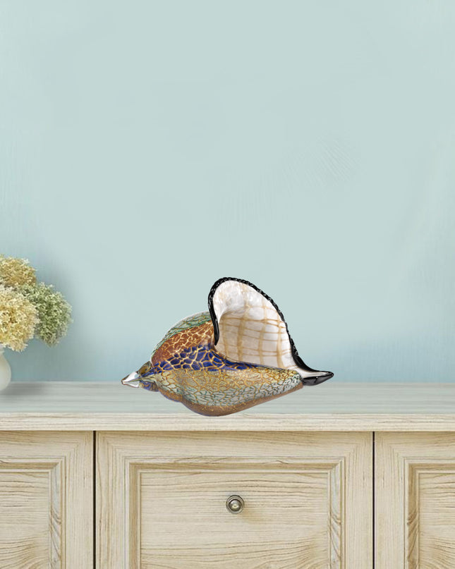 10" Gold Blue Green White Murano Glass Conch Shell Tabletop Sculpture