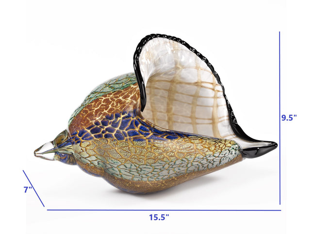10" Gold Blue Green White Murano Glass Conch Shell Tabletop Sculpture