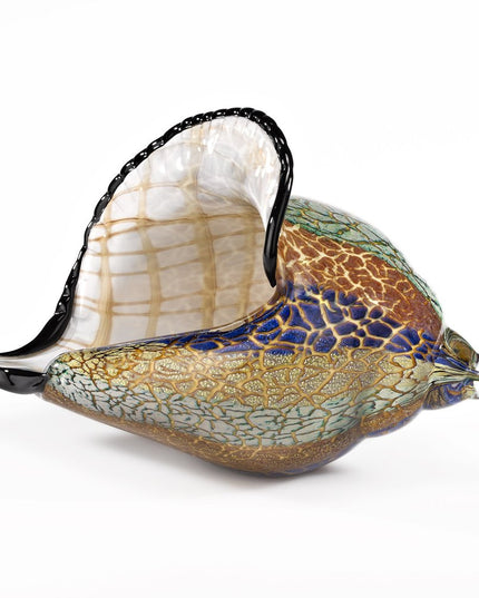 10" Gold Blue Green White Murano Glass Conch Shell Tabletop Sculpture