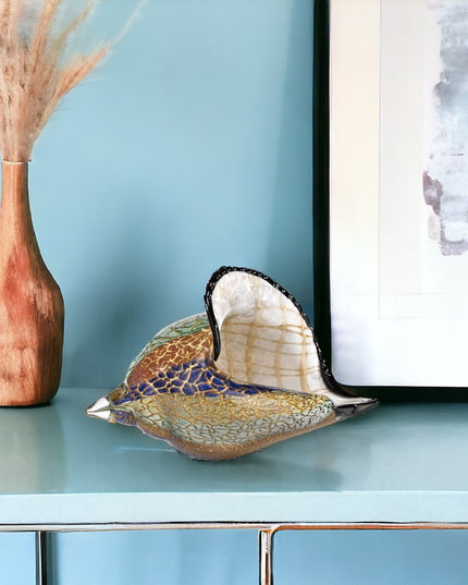 10" Gold Blue Green White Murano Glass Conch Shell Tabletop Sculpture