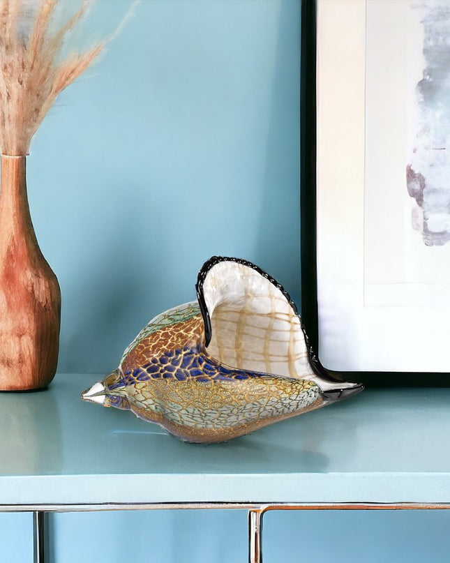 10" Gold Blue Green White Murano Glass Conch Shell Tabletop Sculpture