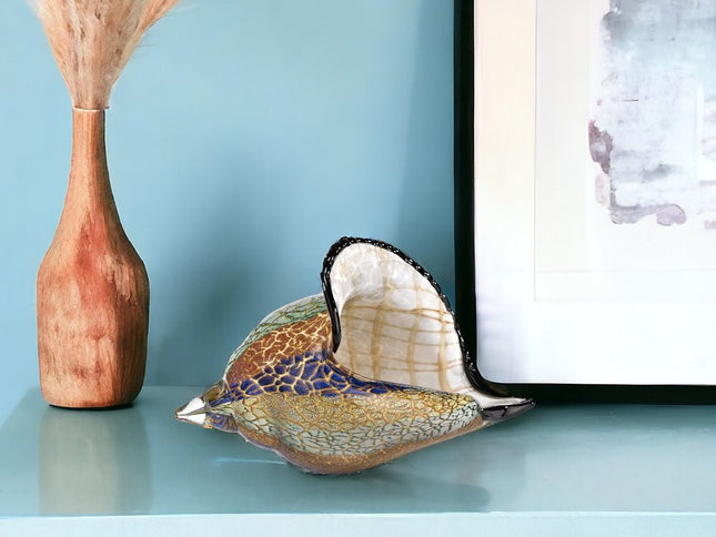 10" Gold Blue Green White Murano Glass Conch Shell Tabletop Sculpture