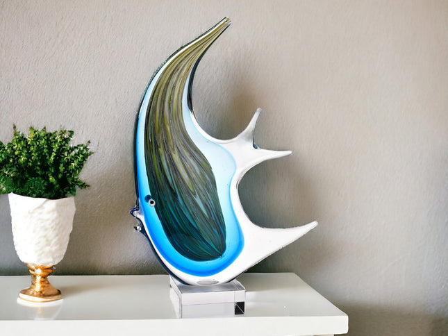 17" Blue Murano Glass Fish Figurine Tabletop Sculpture