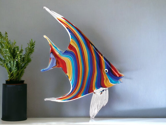 9" Blue and Red Murano Glass Fish Figurine Tabletop Sculpture