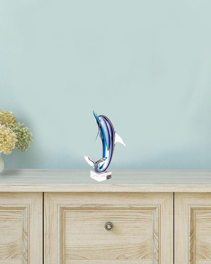 14" Blue Murano Glass Dolphin Figurine Tabletop Sculpture