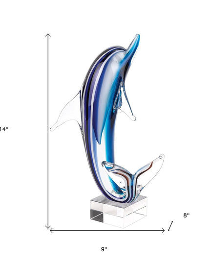 14" Blue Murano Glass Dolphin Figurine Tabletop Sculpture