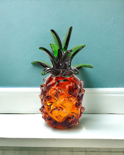 9" Orange Murano Glass Pineapple Statue Tabletop Sculpture