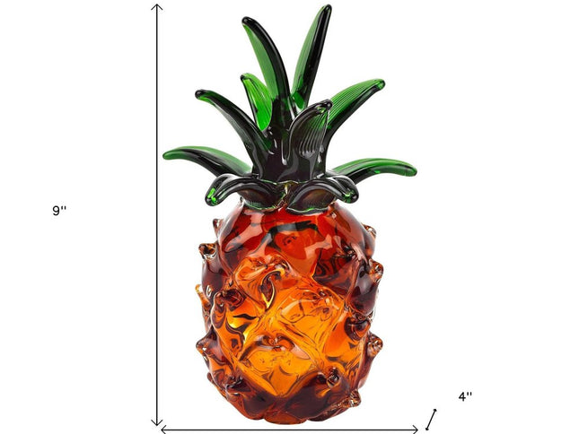9" Orange Murano Glass Pineapple Statue Tabletop Sculpture