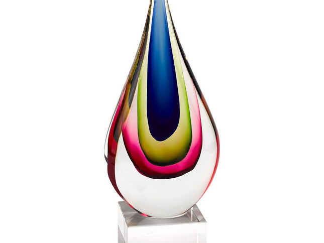 12" Clear Red Blue Yellow Murano Glass Modern Abstract Tabletop Sculpture