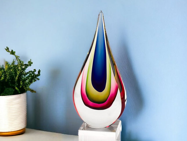 12" Clear Red Blue Yellow Murano Glass Modern Abstract Tabletop Sculpture