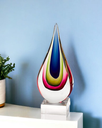 12" Clear Red Blue Yellow Murano Glass Modern Abstract Tabletop Sculpture