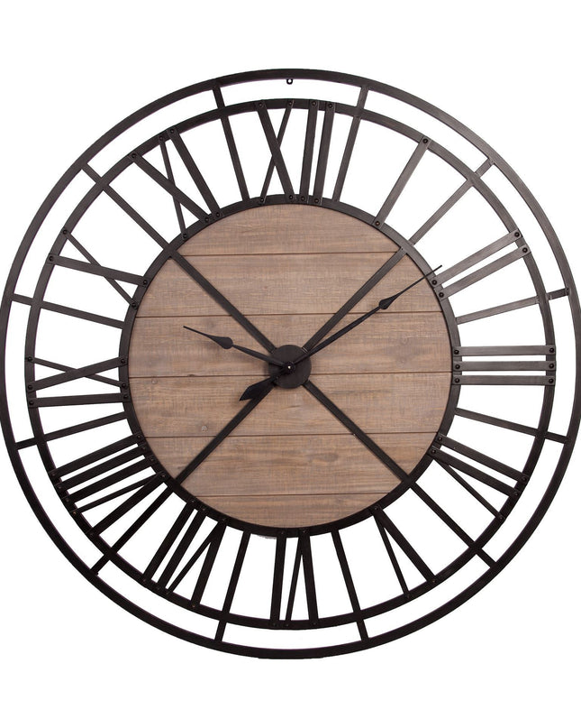 59" Black And Brown Metal and Solid Wood Skeleton Circle Wall Clock