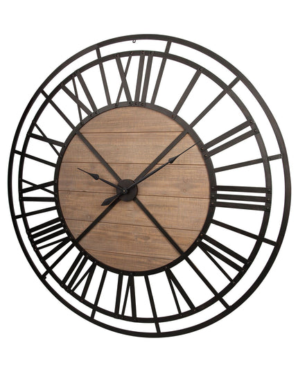 59" Black And Brown Metal and Solid Wood Skeleton Circle Wall Clock