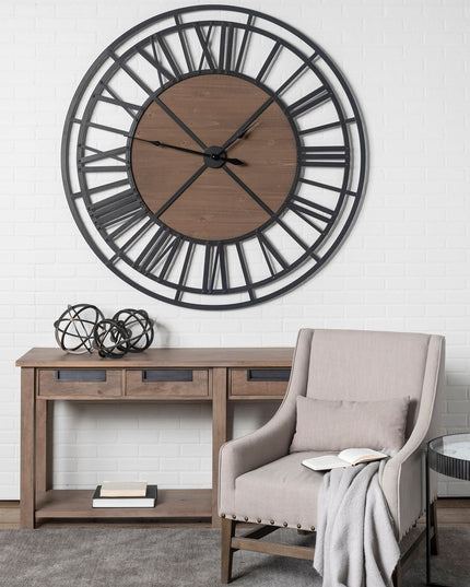 59" Black And Brown Metal and Solid Wood Skeleton Circle Wall Clock