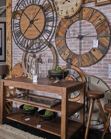 59" Black And Brown Metal and Solid Wood Skeleton Circle Wall Clock